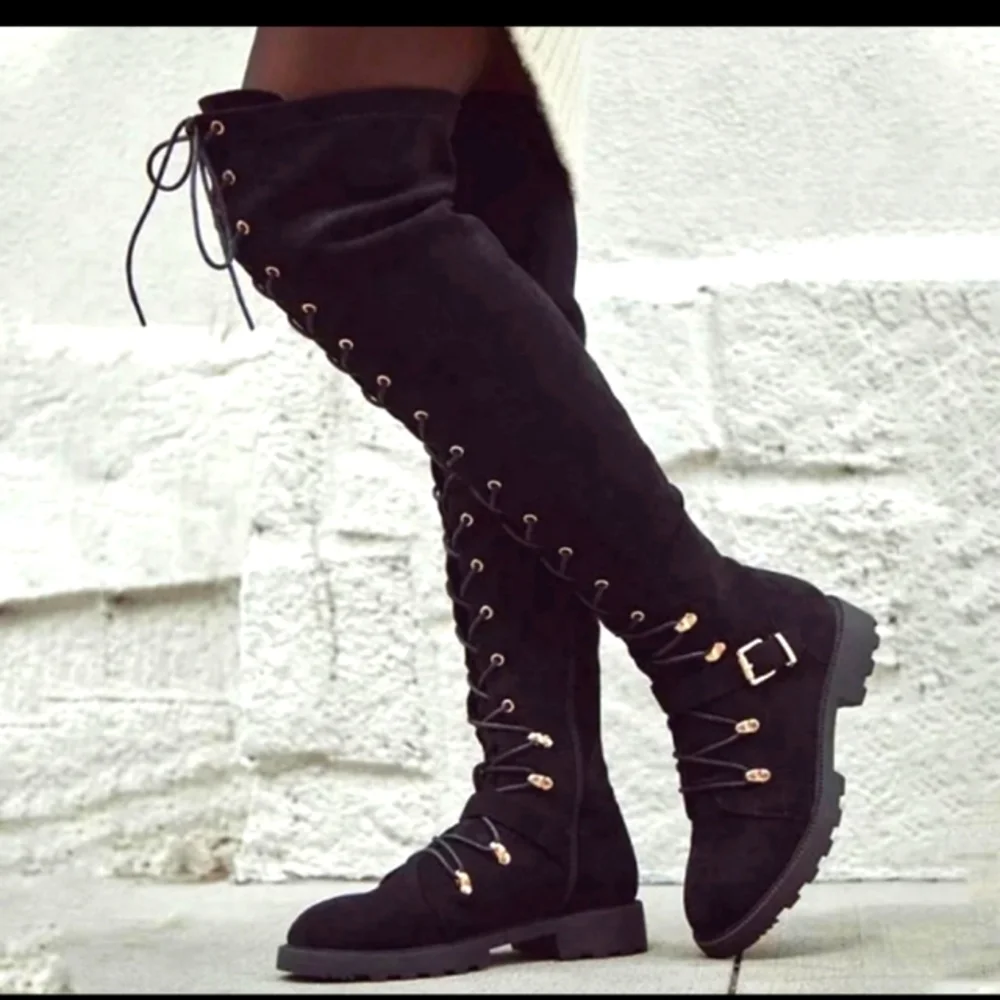Women's faux suede lace front buckle black high boots size 6
